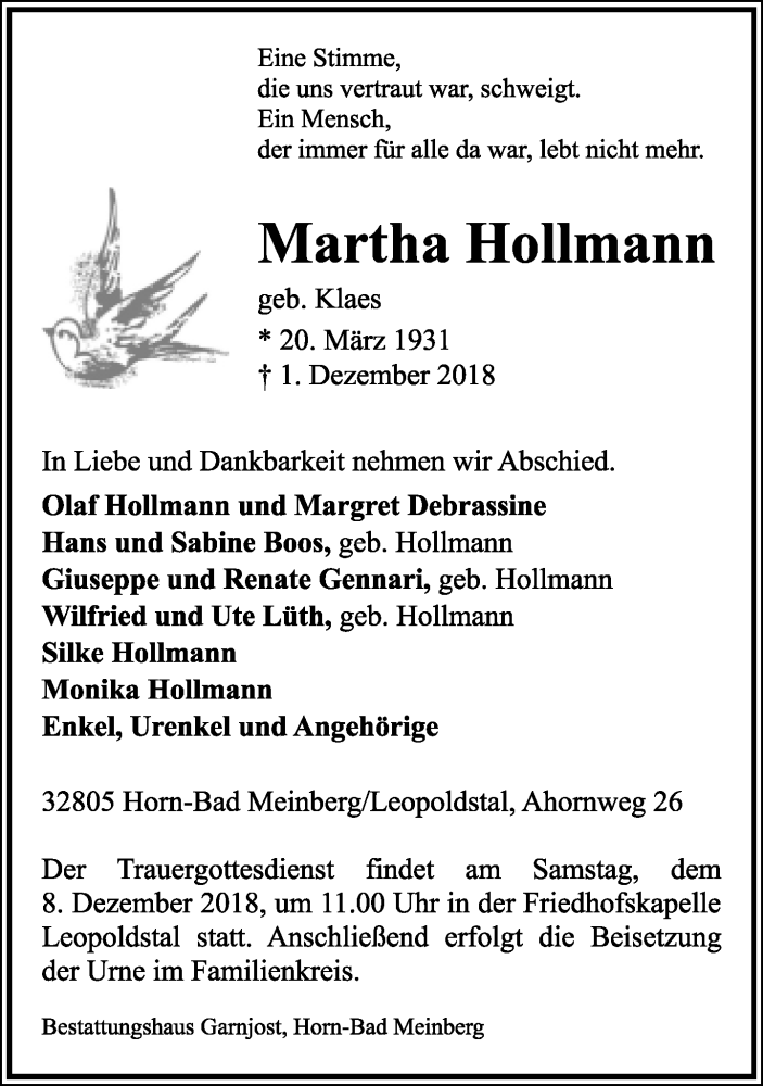  Traueranzeige für Martha Hollmann vom 05.12.2018 aus Lippische Landes-Zeitung