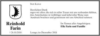 Anzeige  Reinhold Farin  Lippische Landes-Zeitung
