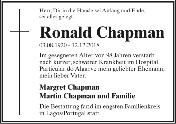 Anzeige  Ronald Chapman  Lippische Landes-Zeitung