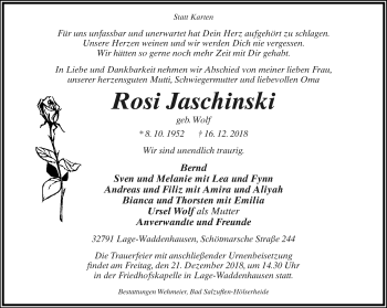 Anzeige  Rosi Jaschinski  Lippische Landes-Zeitung