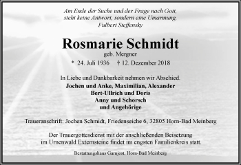 Anzeige  Rosmarie Schmidt  Lippische Landes-Zeitung