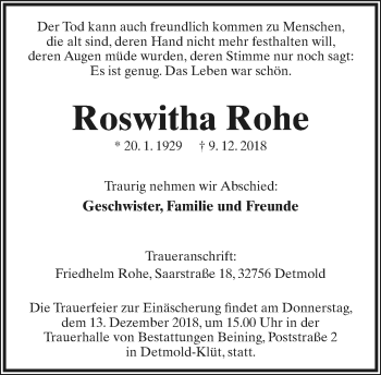 Anzeige  Roswitha Rohe  Lippische Landes-Zeitung