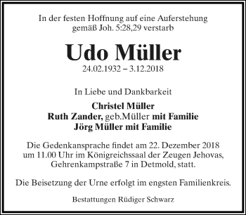 Anzeige  Udo Müller  Lippische Landes-Zeitung