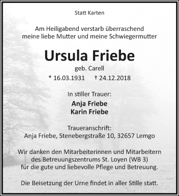 Anzeige  Ursula Friebe  Lippische Landes-Zeitung
