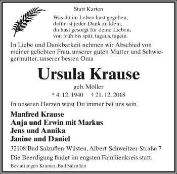 Anzeige  Ursula Krause  Lippische Landes-Zeitung
