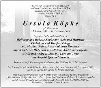 Anzeige  Ursula Köpke  Lippische Landes-Zeitung