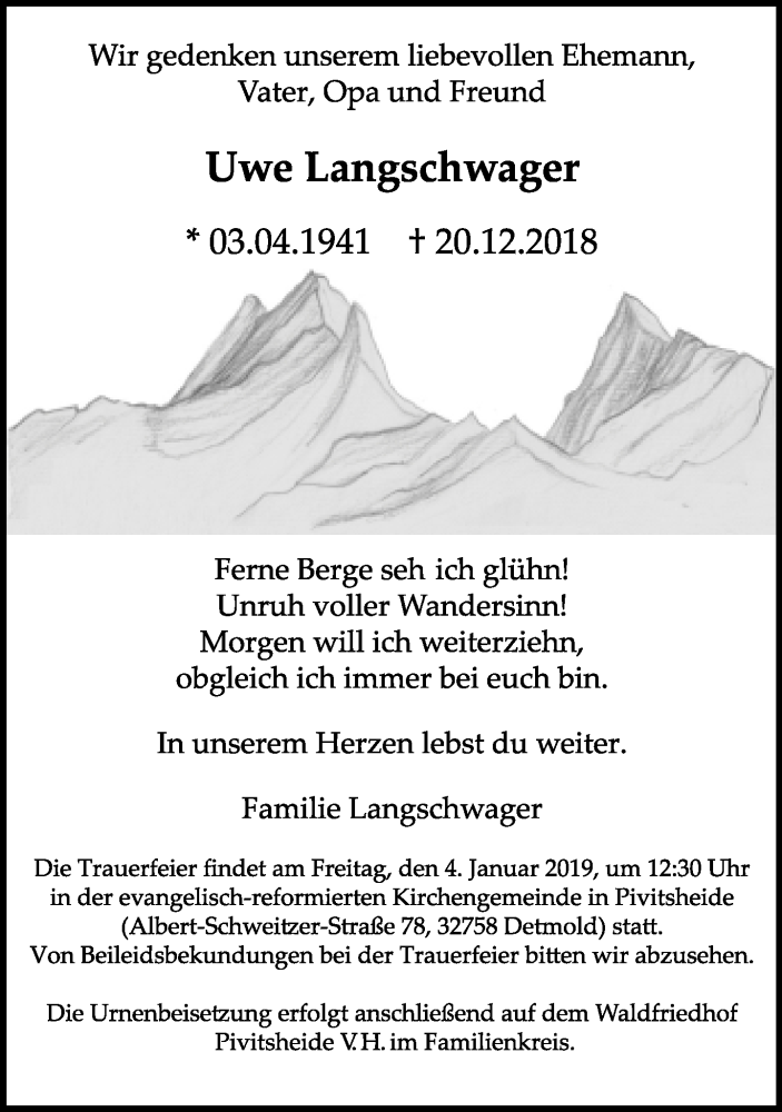  Traueranzeige für Uwe Langschwager vom 29.12.2018 aus Lippische Landes-Zeitung