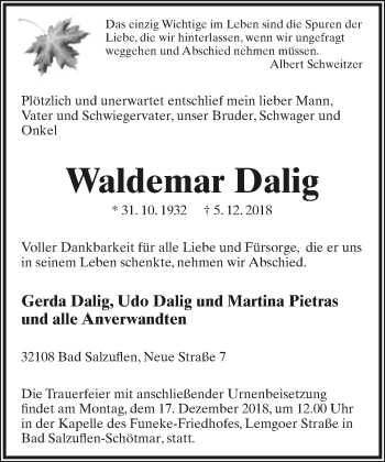 Anzeige  Waldemar Dalig  Lippische Landes-Zeitung
