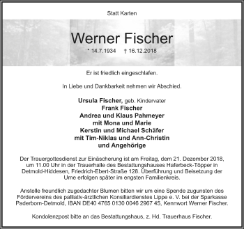 Anzeige  Werner Fischer  Lippische Landes-Zeitung