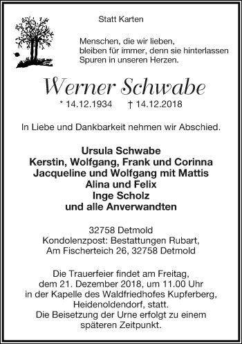 Anzeige  Werner Schwabe  Lippische Landes-Zeitung