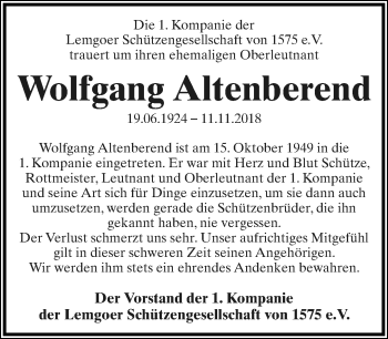 Anzeige  Wolfgang Altenberend  Lippische Landes-Zeitung