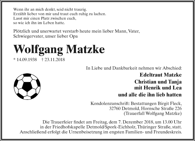  Traueranzeige für Wolfgang Matzke vom 01.12.2018 aus Lippische Landes-Zeitung