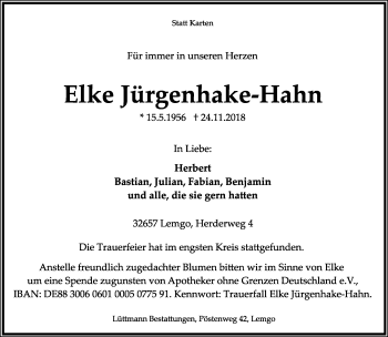 Anzeige  Elke Jürgenhake-Hahn  Lippische Landes-Zeitung