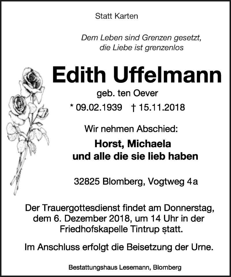  Traueranzeige für Edith Uffelmann vom 01.12.2018 aus Lippische Landes-Zeitung