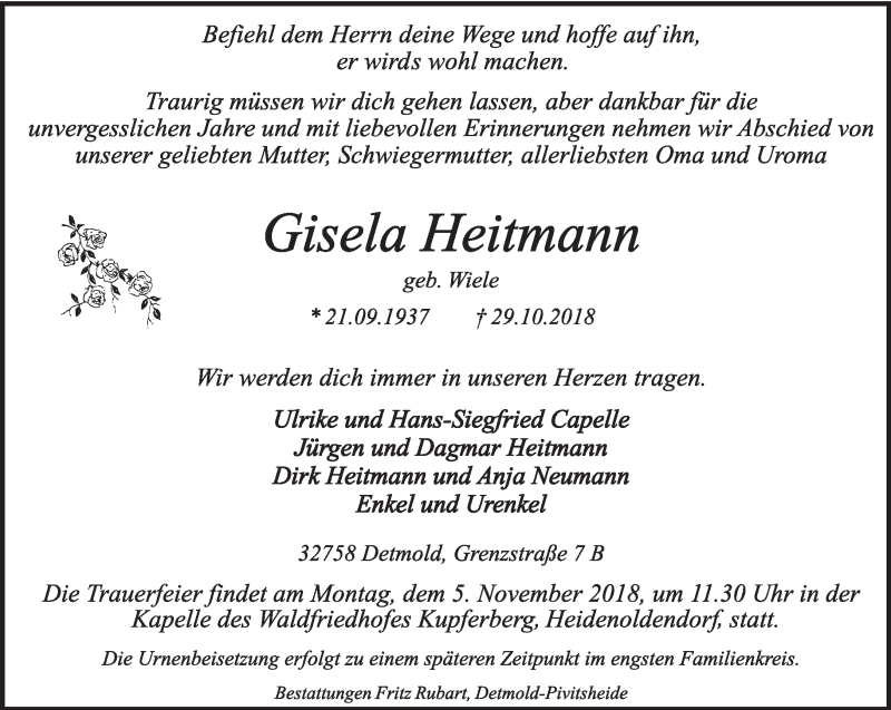  Traueranzeige für Gisela Heitmann vom 01.11.2018 aus Lippische Landes-Zeitung