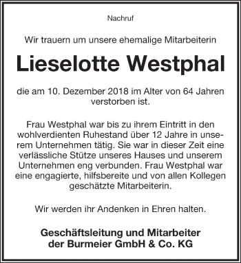 Anzeige  Lieselotte Westphal  Lippische Landes-Zeitung