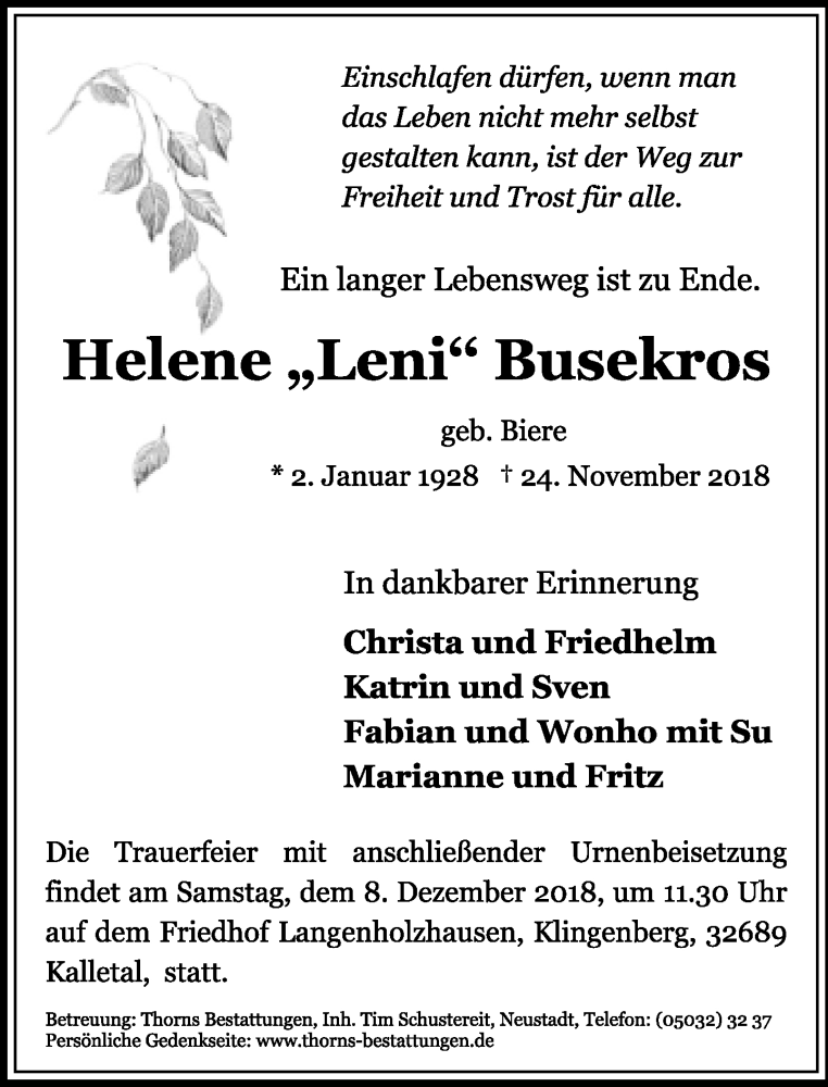  Traueranzeige für Helene Busekros vom 01.12.2018 aus Lippische Landes-Zeitung