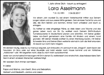 Anzeige  Lara Asselmann  Lippische Landes-Zeitung