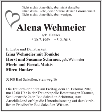 Anzeige  Alena Wehmeier  Lippische Landes-Zeitung