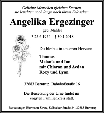 Anzeige  Angelika Ergezinger  Lippische Landes-Zeitung