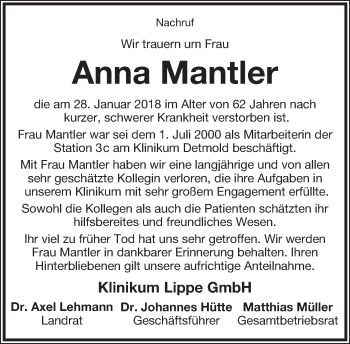 Anzeige  Anna Mantler  Lippische Landes-Zeitung
