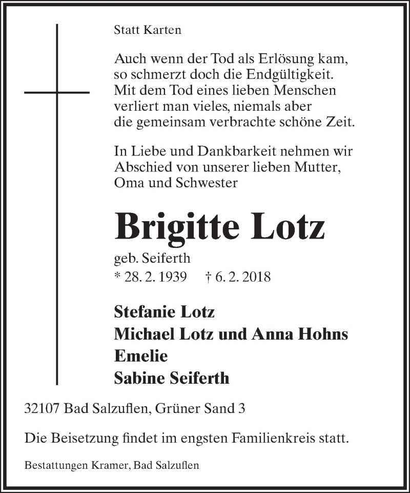  Traueranzeige für Brigitte Lotz vom 10.02.2018 aus Lippische Landes-Zeitung