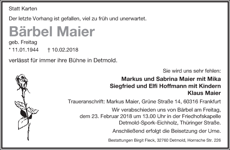  Traueranzeige für Bärbel Maier vom 17.02.2018 aus Lippische Landes-Zeitung