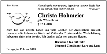 Anzeige  Christa Hohmeier  Lippische Landes-Zeitung