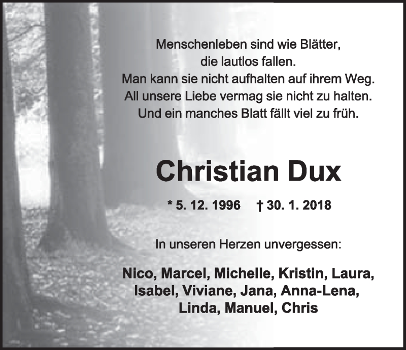  Traueranzeige für Christian Dux vom 03.02.2018 aus Lippische Landes-Zeitung