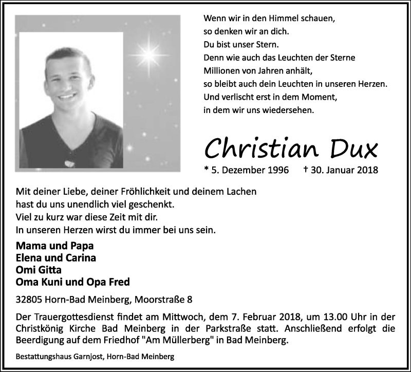  Traueranzeige für Christian Dux vom 03.02.2018 aus Lippische Landes-Zeitung