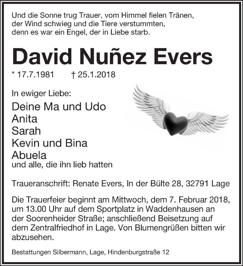  Traueranzeige für David Nunez Evers vom 03.02.2018 aus Lippische Landes-Zeitung