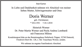 Anzeige  Doris Werner  Lippische Landes-Zeitung