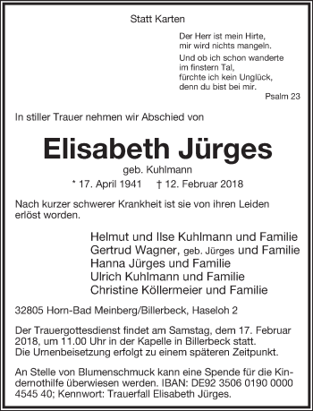 Anzeige  Elisabeth Jürges  Lippische Landes-Zeitung