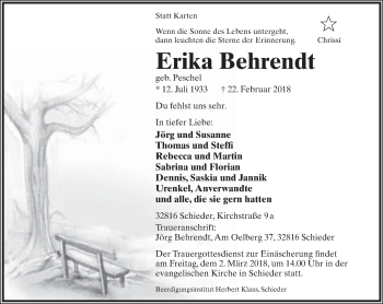 Anzeige  Erika Behrendt  Lippische Landes-Zeitung