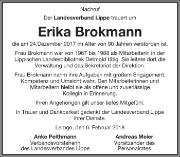 Anzeige  Erika Brokmann  Lippische Landes-Zeitung