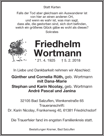 Anzeige  Friedhelm  Wortmann  Lippische Landes-Zeitung