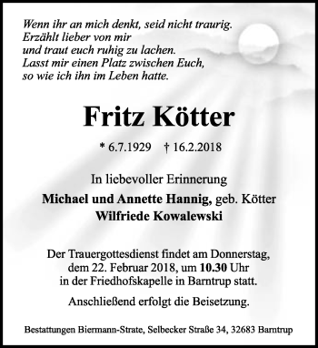 Anzeige  Fritz Kötter  Lippische Landes-Zeitung