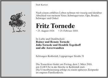 Anzeige  Fritz Tornede  Lippische Landes-Zeitung