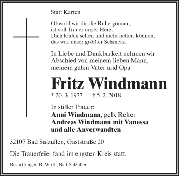 Anzeige  Fritz Windmann  Lippische Landes-Zeitung