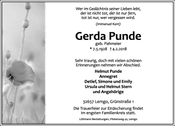 Anzeige  Gerda Punde  Lippische Landes-Zeitung