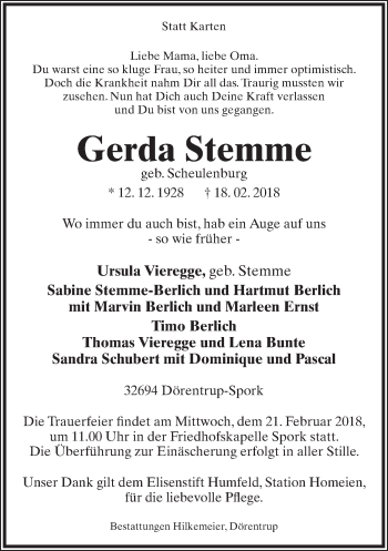 Anzeige  Gerda Stemme  Lippische Landes-Zeitung