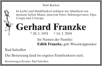 Anzeige  Gerhard Franzke  Lippische Landes-Zeitung