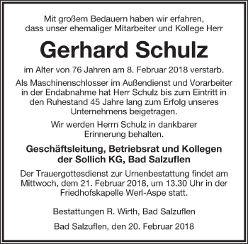 Anzeige  Gerhard Schulz  Lippische Landes-Zeitung
