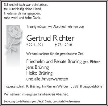 Anzeige  Gertrud Richter  Lippische Landes-Zeitung