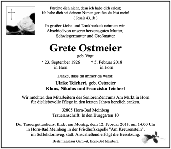 Anzeige  Grete Ostmeier  Lippische Landes-Zeitung