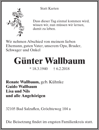 Anzeige  Günter Wallbaum  Lippische Landes-Zeitung