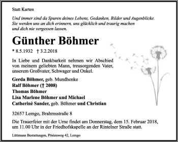 Anzeige  Günther Böhmer  Lippische Landes-Zeitung