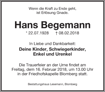 Anzeige  Hans Begemann  Lippische Landes-Zeitung
