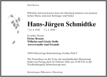Anzeige  Hans-Jürgen Schmidtke  Lippische Landes-Zeitung