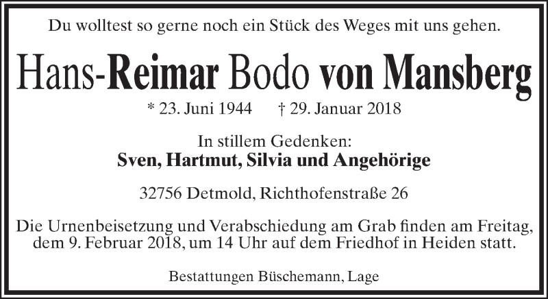  Traueranzeige für Hans-Reimar Bodo von Mansberg vom 03.02.2018 aus Lippische Landes-Zeitung